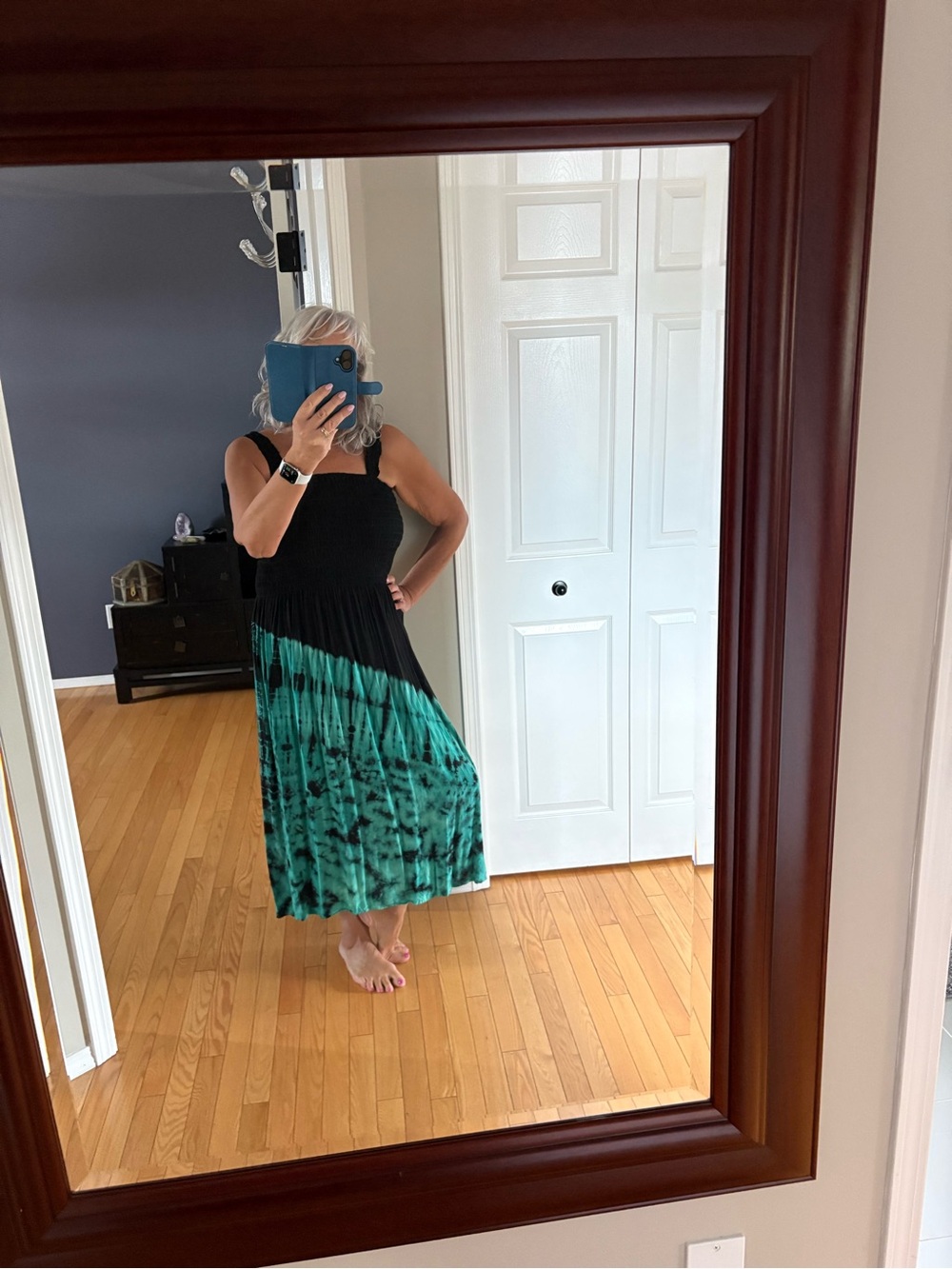 Sleeveless Black and Teal Tie-Dye Maxi Dress
